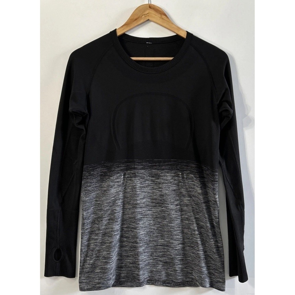 Women's Lululemon Swiftly Tech LS 2.0 Black Gray Ombre Sz 10 Thumbholes EC